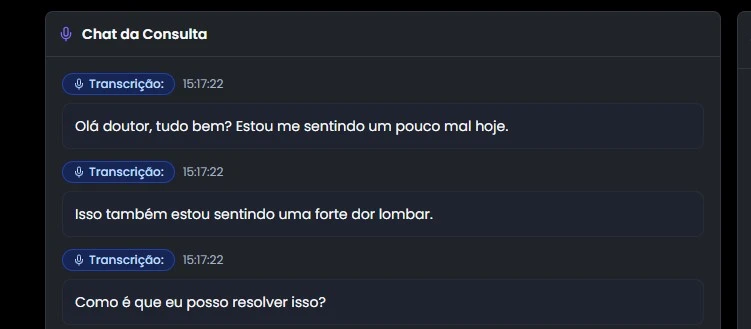4. Transcrição: Transcreva a consulta em tempo real com alta precisão. - Interface do MedTalk mostrando como 4. transcrição