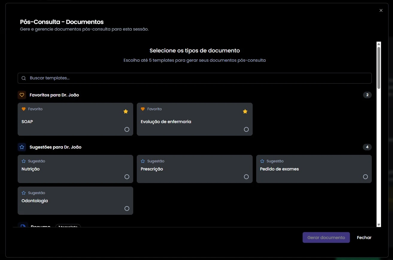 5. Gere documentos clínicos: Crie relatórios, receitas e encaminhamentos em segundos. - Interface do MedTalk mostrando como 5. gere documentos clínicos